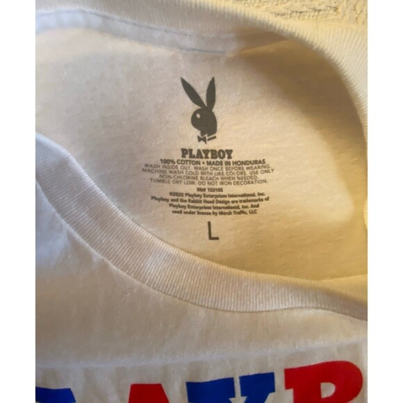 Playboy crop top white red & blue Y2K workout cutoff t-shirt size LARGE NWOT - Picture 5 of 8